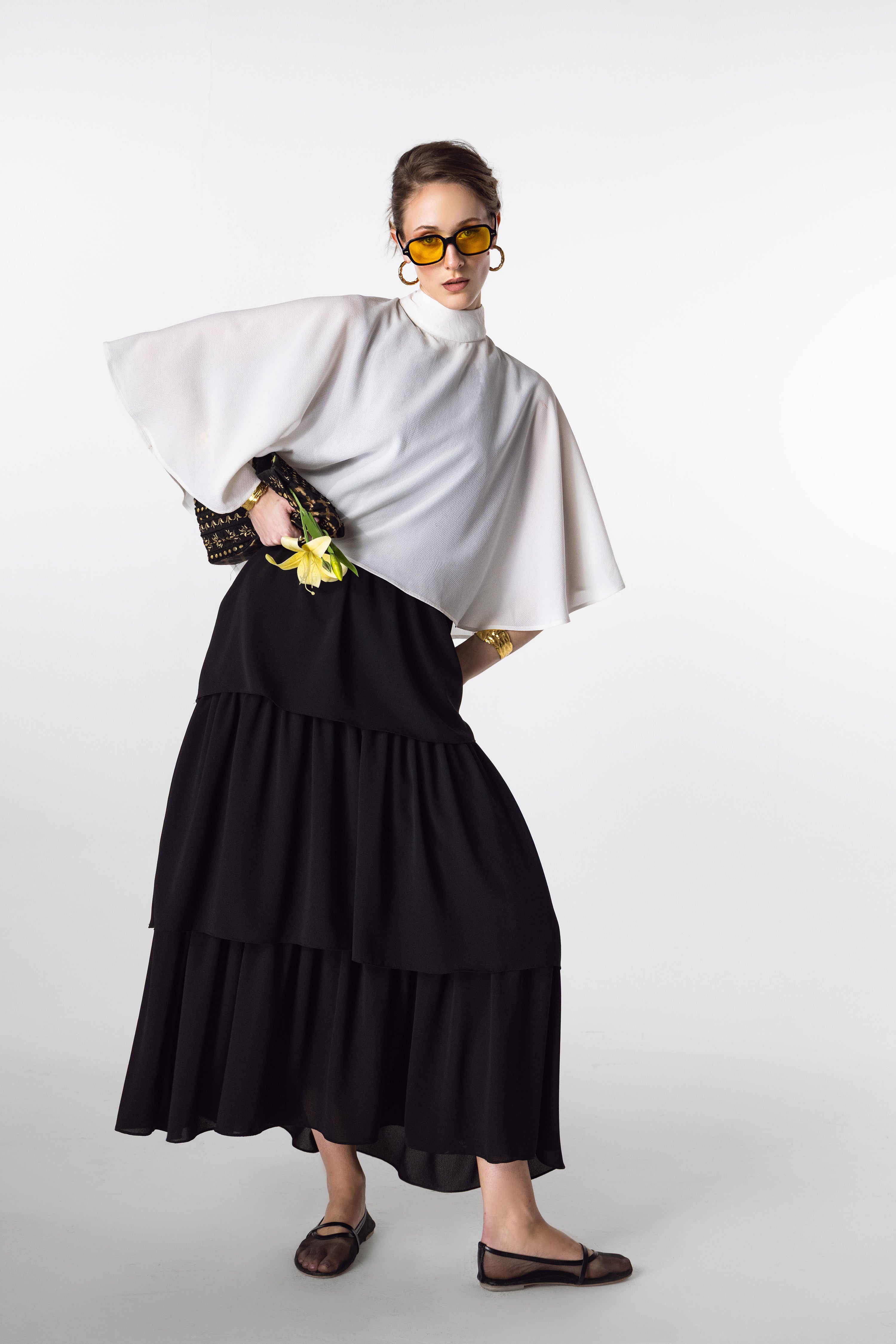 Cape Overlay Top and Tiered Midi Skirt Set