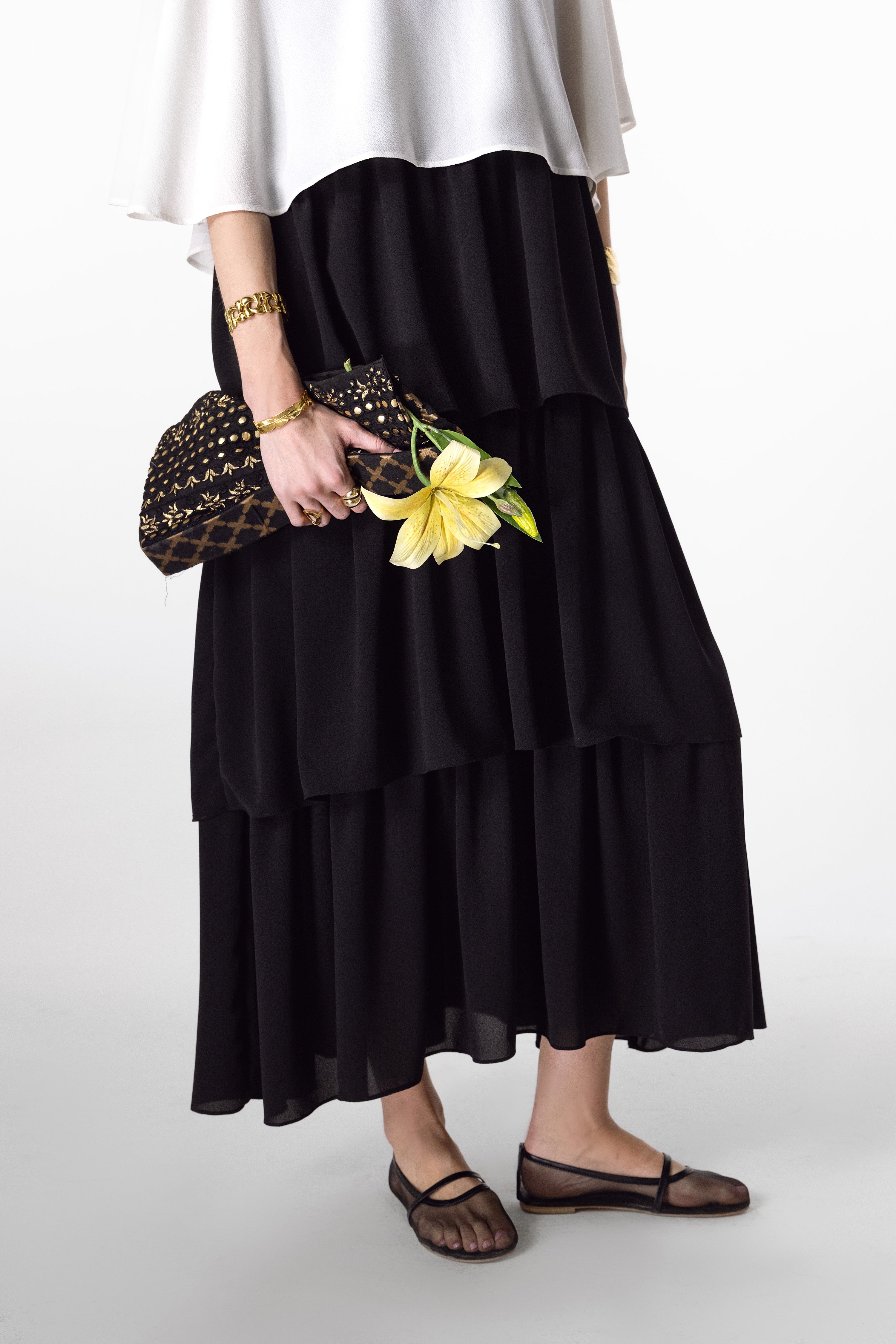 Cape Overlay Top and Tiered Midi Skirt Set