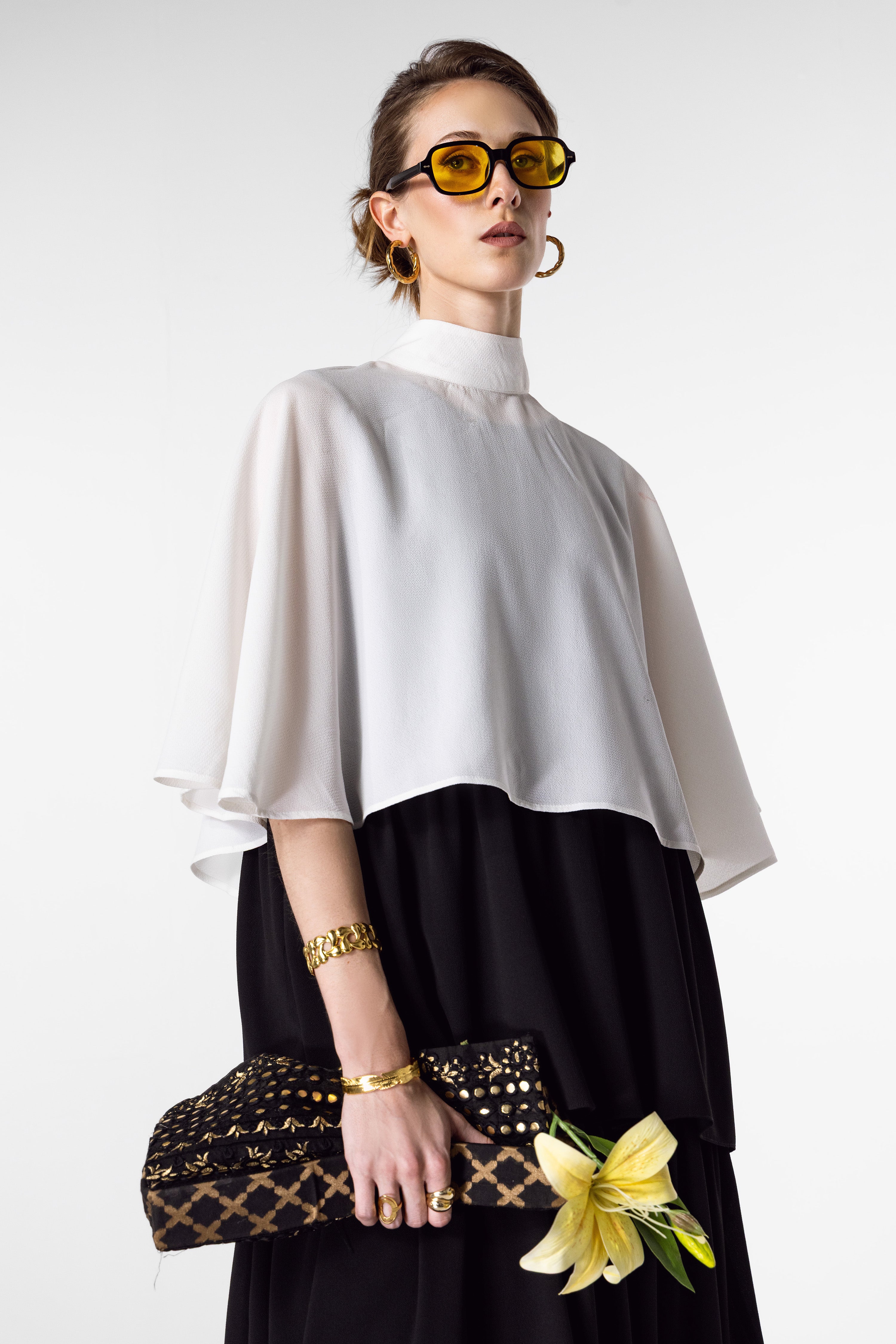 Cape Overlay Top and Tiered Midi Skirt Set