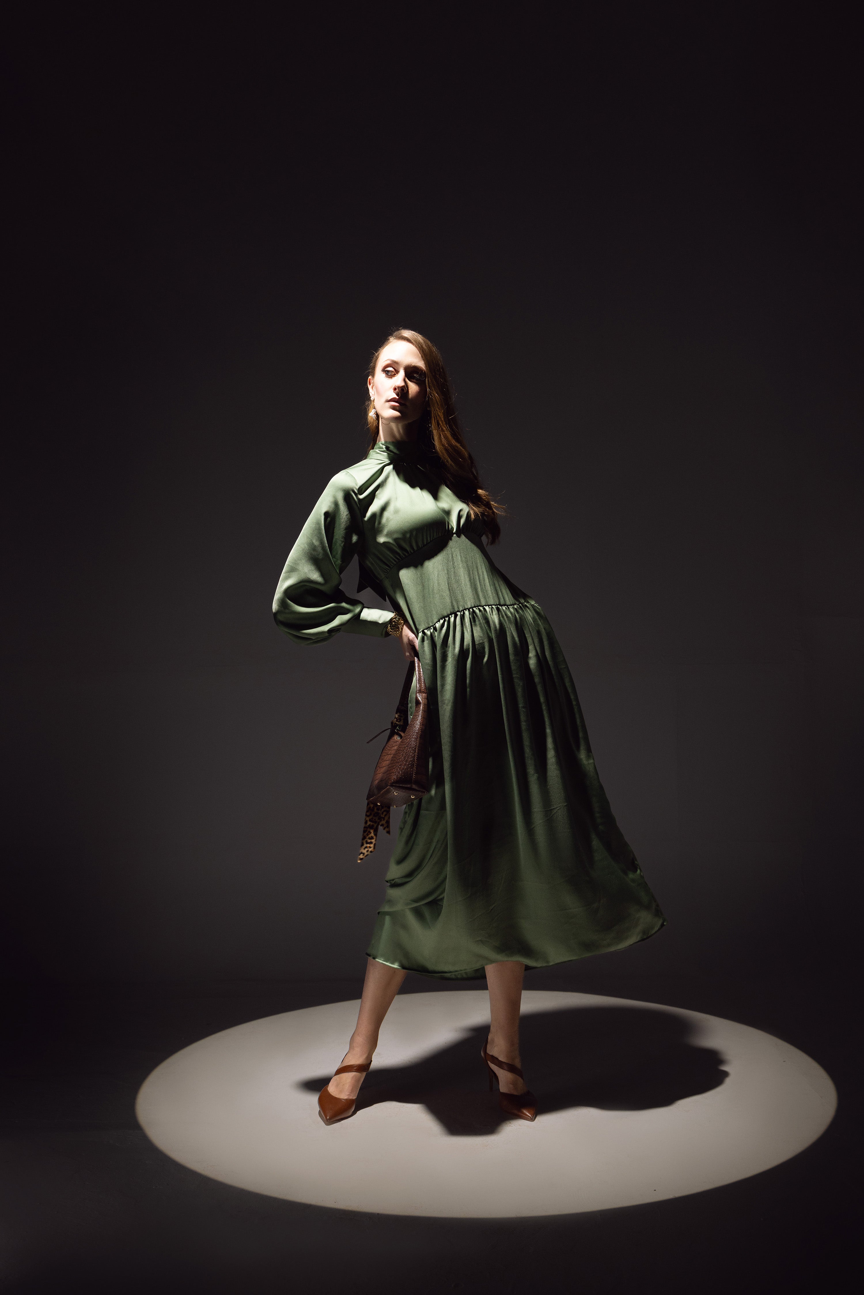 High-Neck Gathered Midi Dress