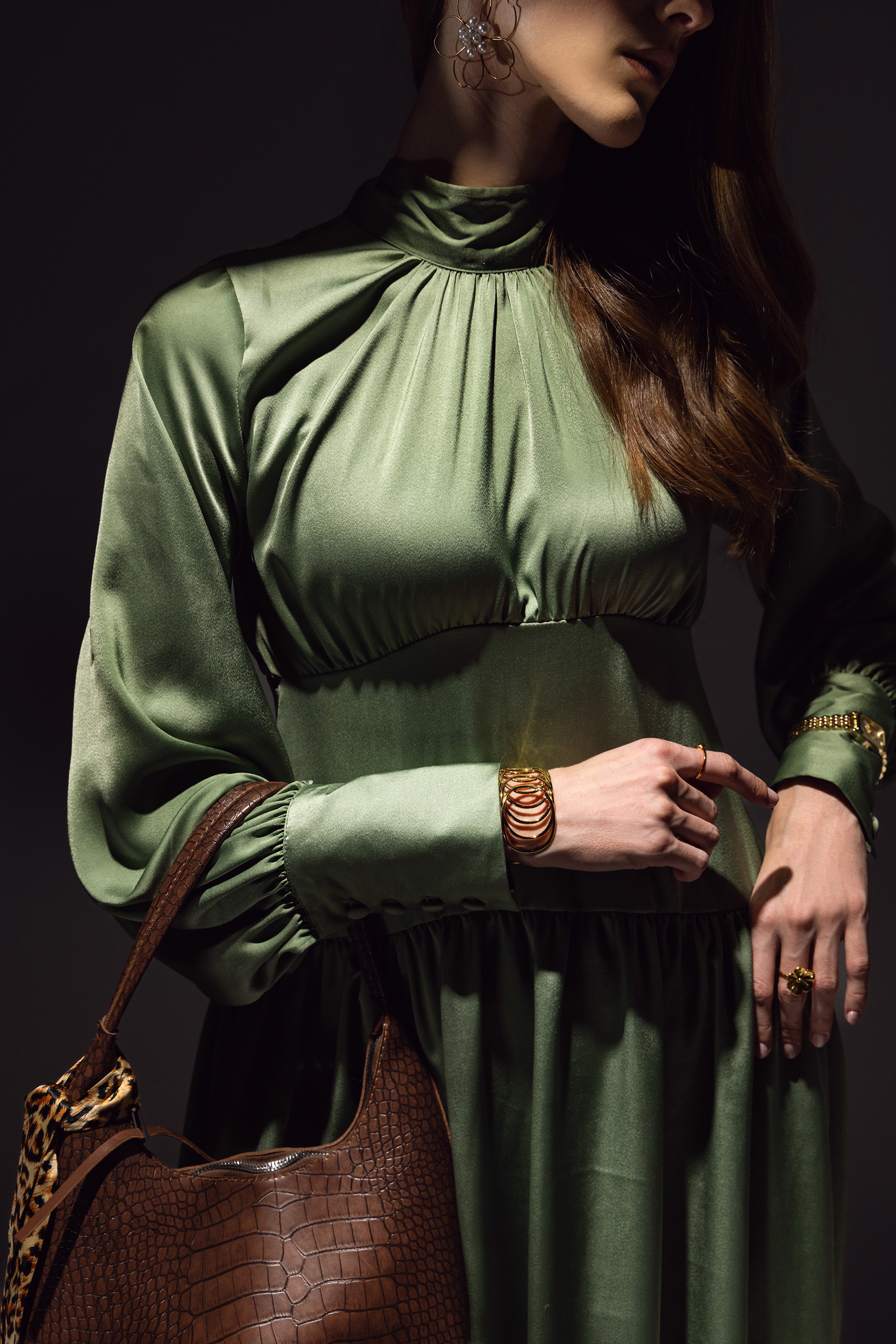 High-Neck Gathered Midi Dress