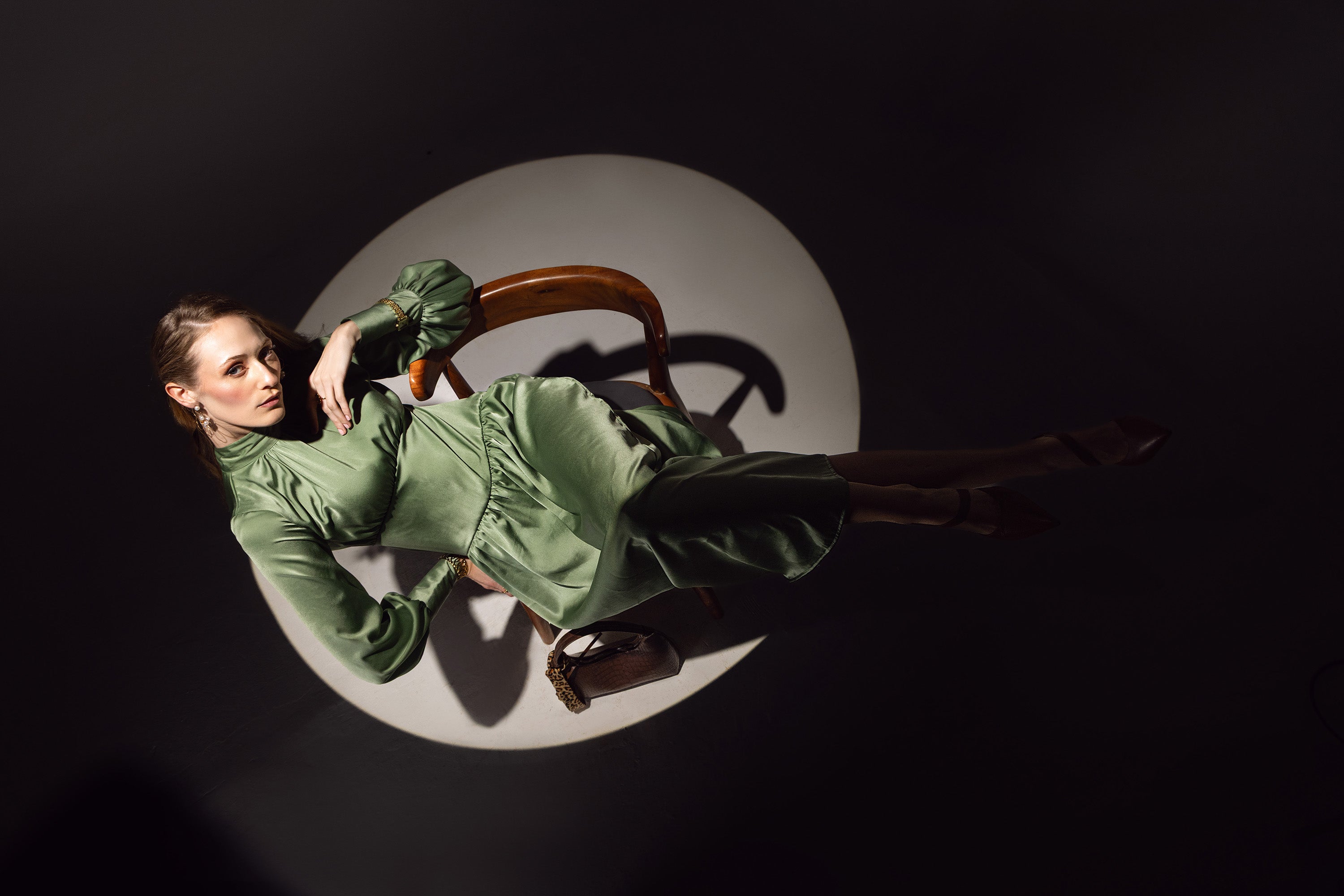 High-Neck Gathered Midi Dress